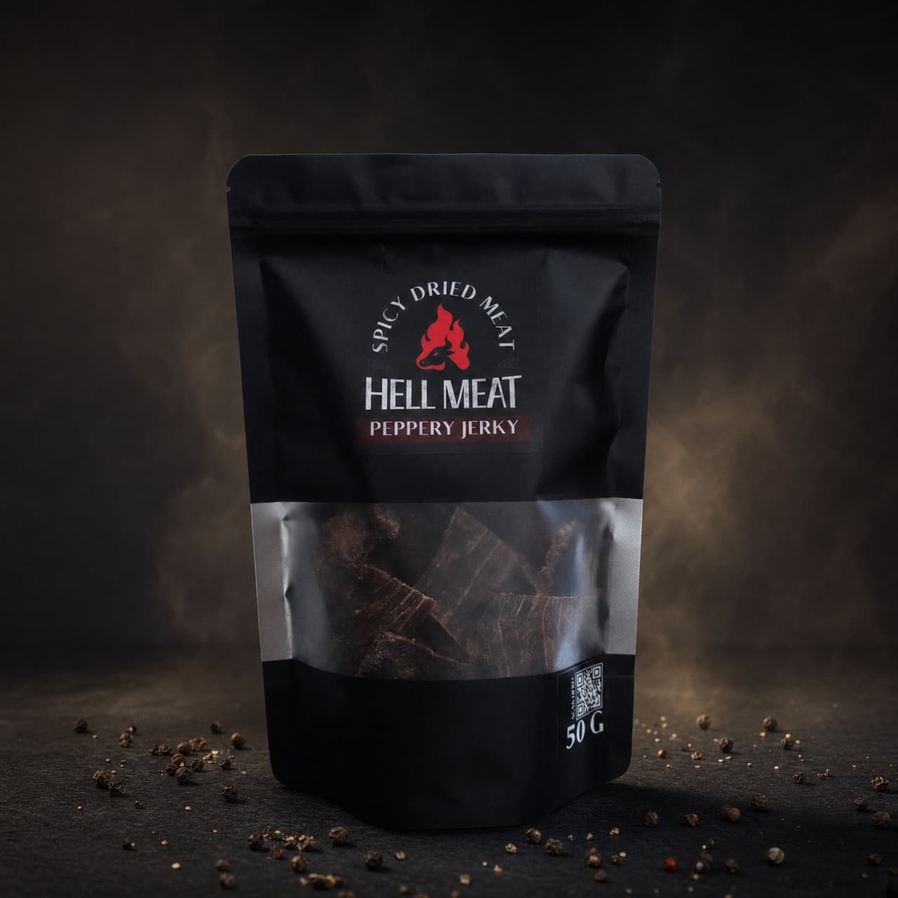 ซอง Hell Meat Peppery Jerky 50 กรัม กับพริกไทยดำ