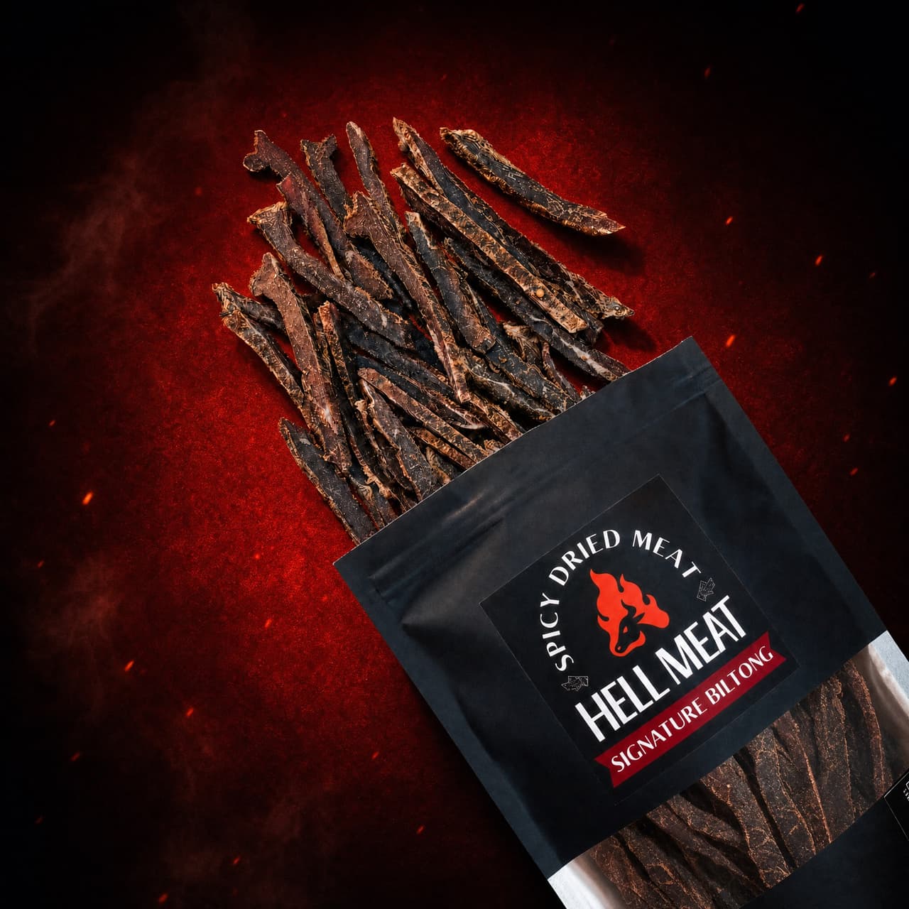 ซอง Signature Biltong เทเนื้อบิลตงลงบนพื้นสีแดง